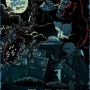 Pieza Gráfica de afiche de Rock al Parque 2019 - Ilustración de una especie de King Kong con micrófono
